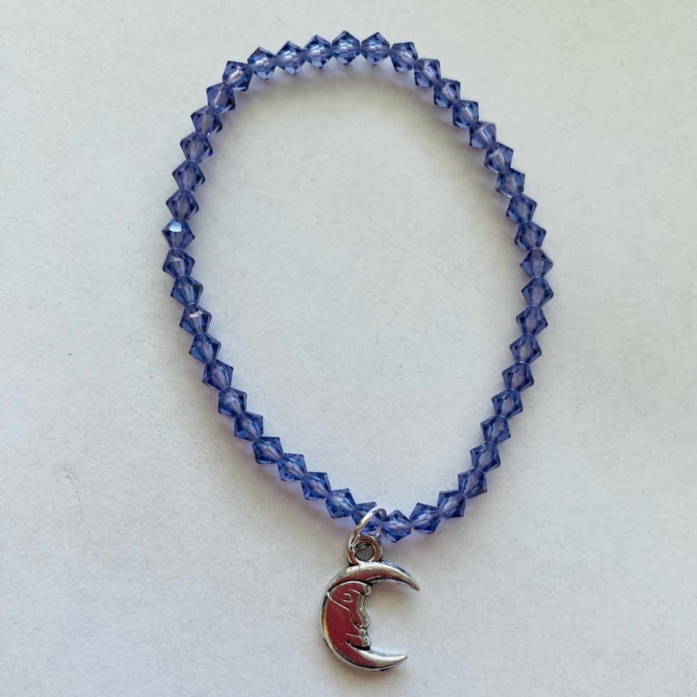 Crystal beaded purple stretchable moon charm bracelet